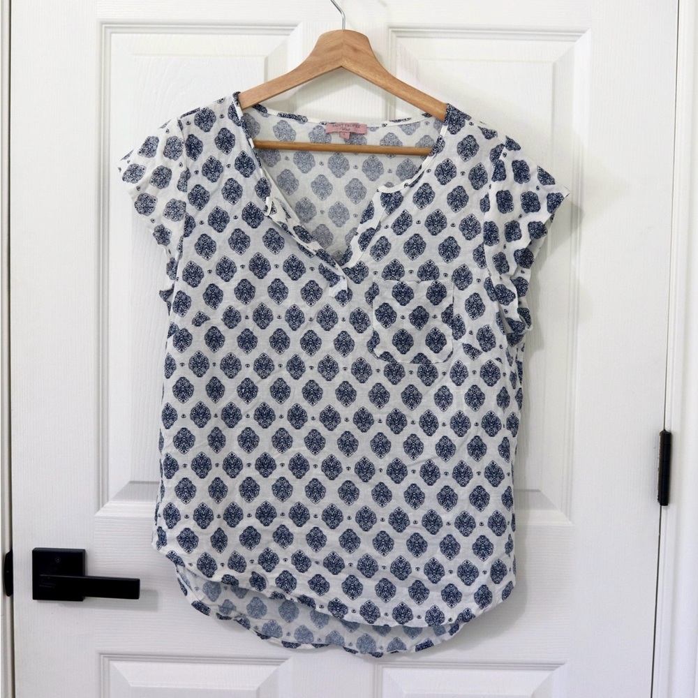 Linen V-Neck Cap Sleeve Top - White & Navy beach, boho, granola, resort